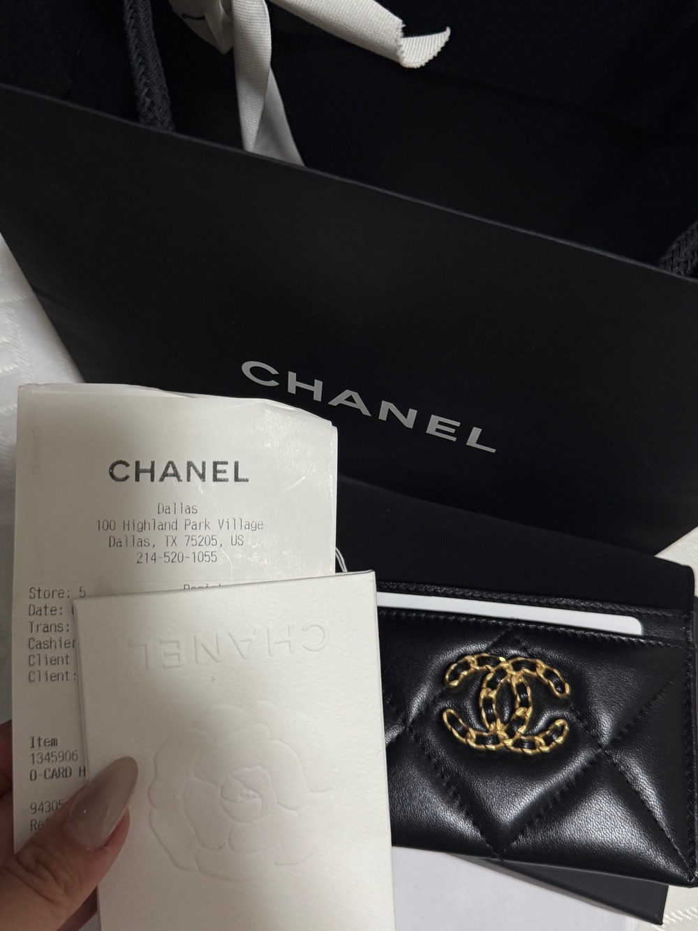 CHANEL 19 Black Quilted Card Holder with Gold CC Logo